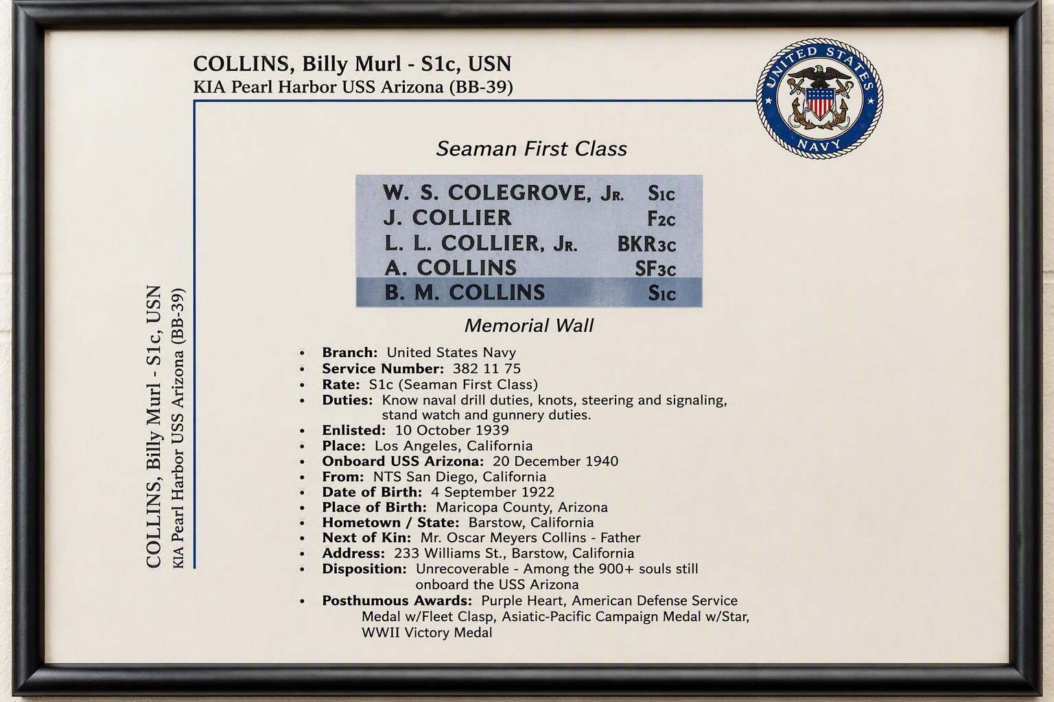 S1c Billy Murl Collins